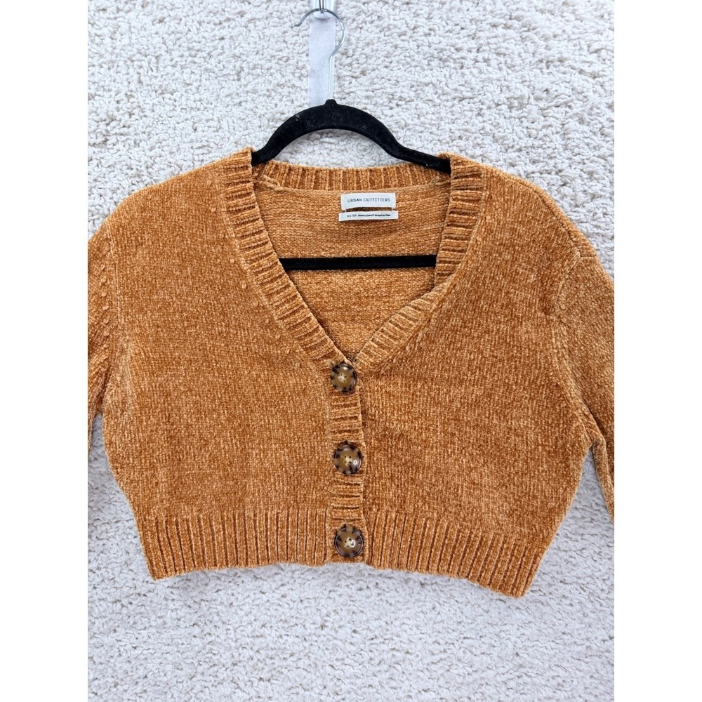 Womens XS Urban Outfitters Chenille Cropped Cardigan Orange V-Neck Soft Y2K